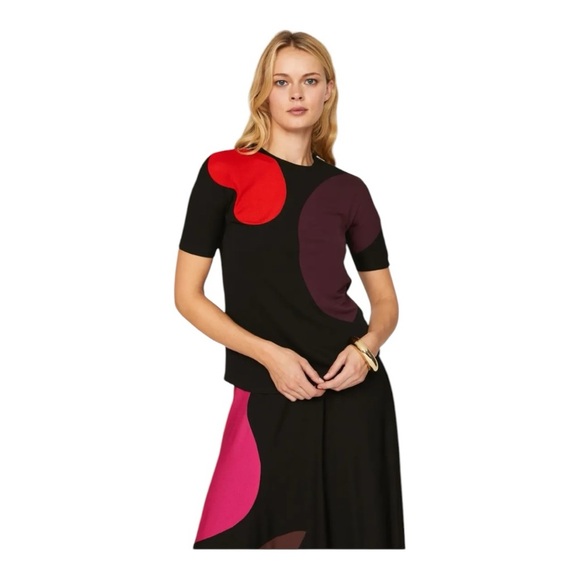 Tory Burch Colorblock Knit Top Shoulder Zipper in Black Red Burgundy Size 6 - Picture 1 of 9